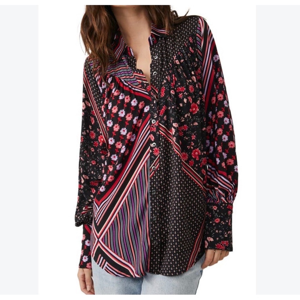 Free People M Hazel Buttondown Blouse Top Black Floral Patchwork Boho Relaxed